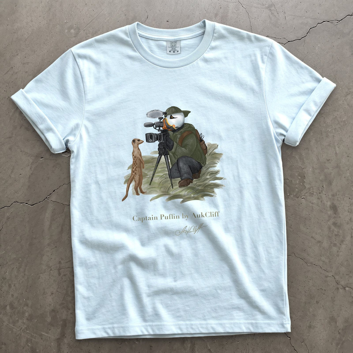 Captain Puffin Wildlife Videographer on a Chambray Comfort Colors t-shirt