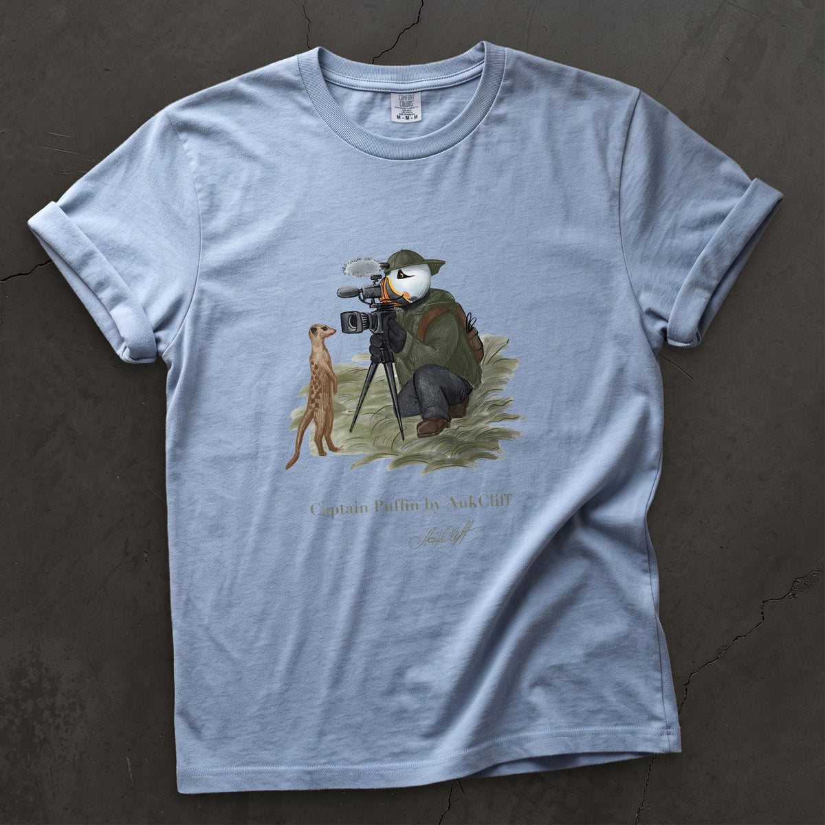 Captain Puffin Wildlife Videographer on a Washed Denim Comfort Colors t-shirt