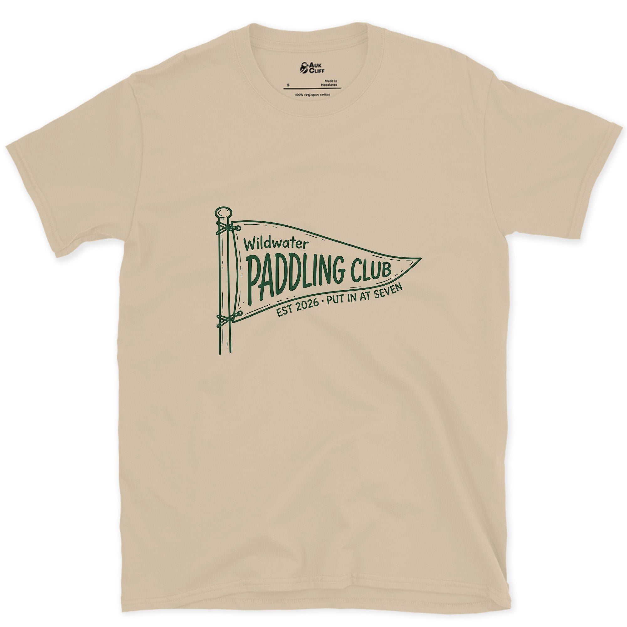 Put in at Seven, Wildwater Paddling design on a Sand Gildan Softstyle t-shirt