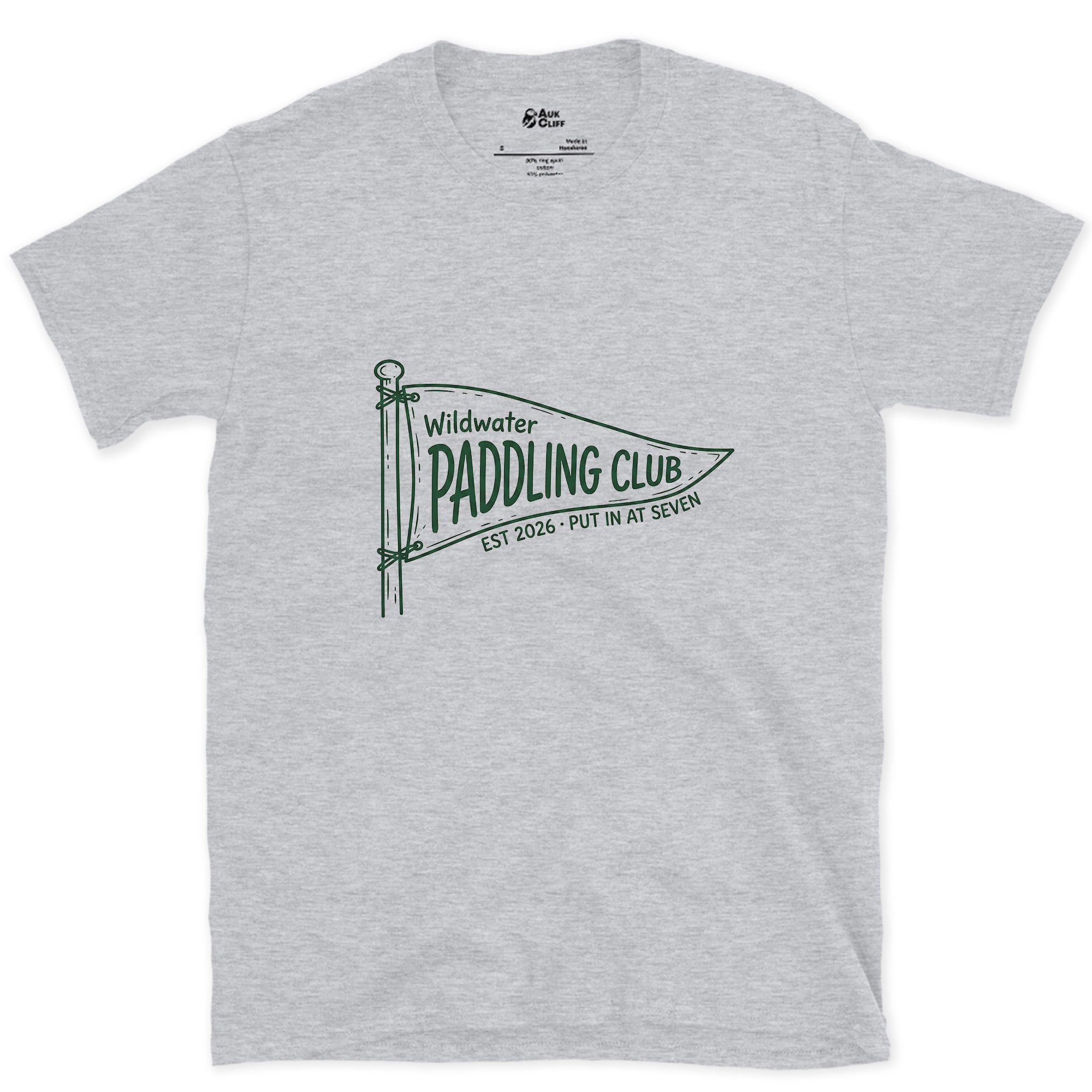 Put in at Seven, Wildwater Paddling design on a Sport Grey Gildan Softstyle t-shirt