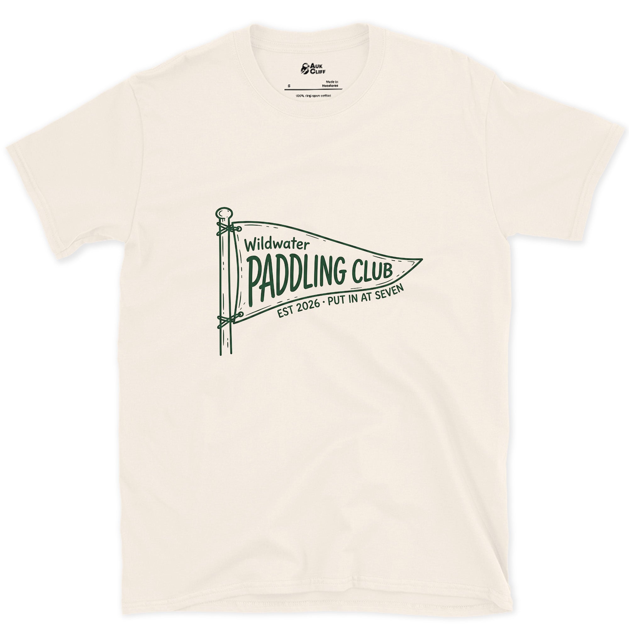 Put in at Seven, Wildwater Paddling design on a Natural Gildan Softstyle t-shirt