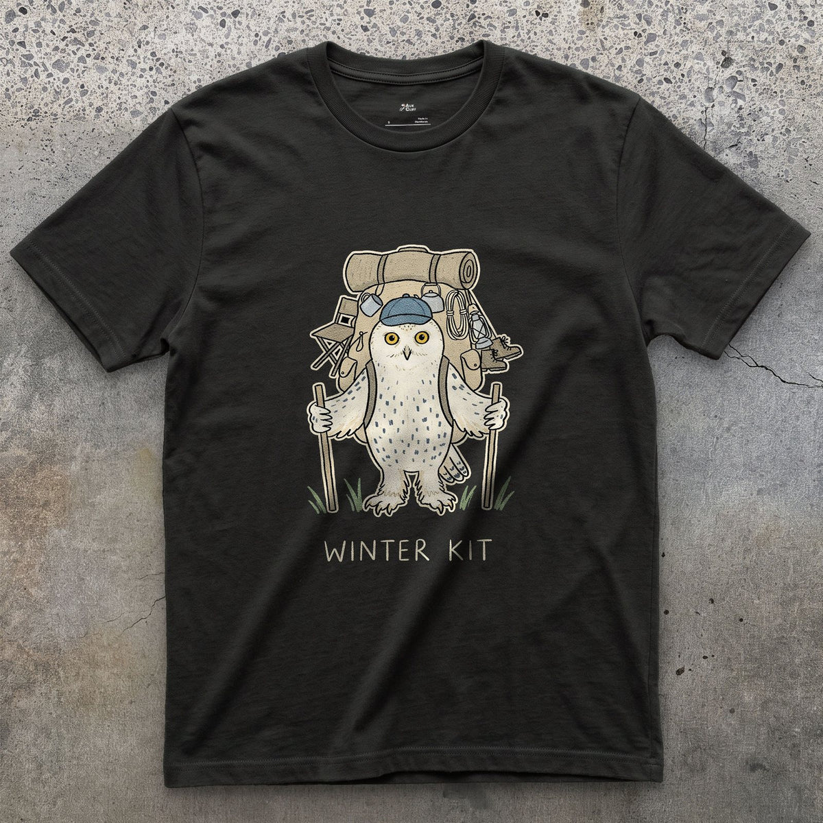 Winter Kit, Snowy Owl Hiker design on a Black Gildan Softstyle t-shirt