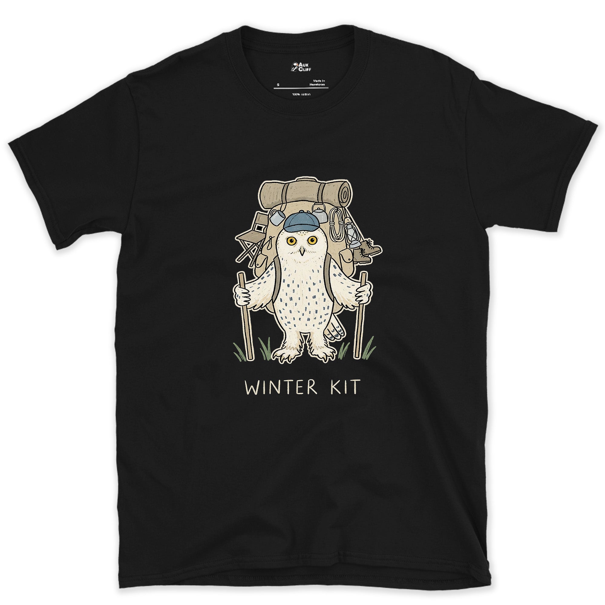 Winter Kit, Snowy Owl Hiker design on a Black Gildan Softstyle t-shirt