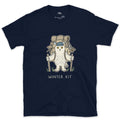 Winter Kit, Snowy Owl Hiker design on a Navy Gildan Softstyle t-shirt