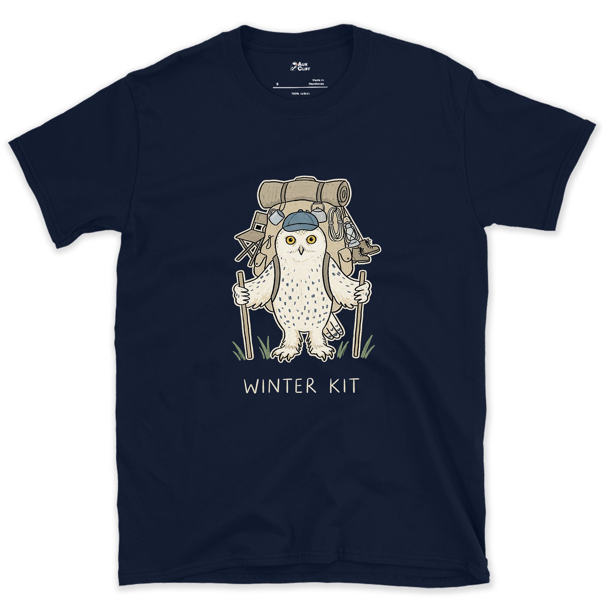 Winter Kit, Snowy Owl Hiker design on a Navy Gildan Softstyle t-shirt
