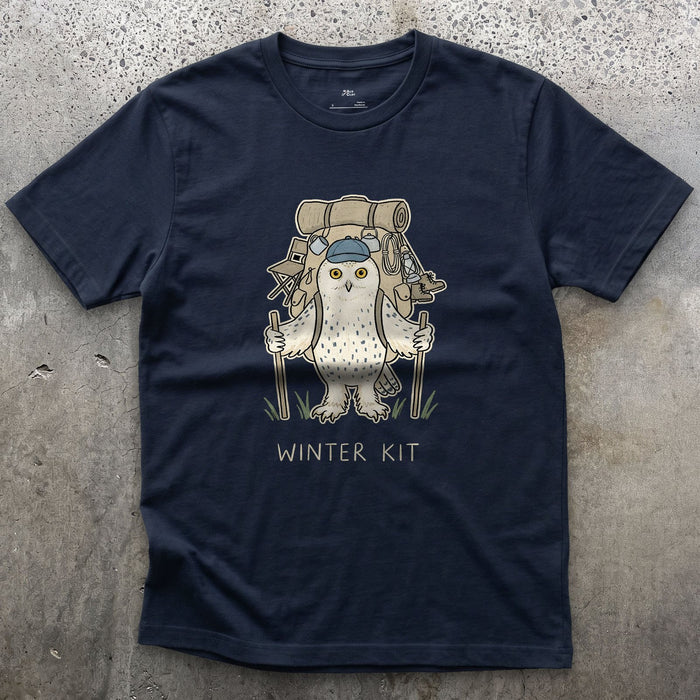 Winter Kit, Snowy Owl Hiker design on a Navy Gildan Softstyle t-shirt