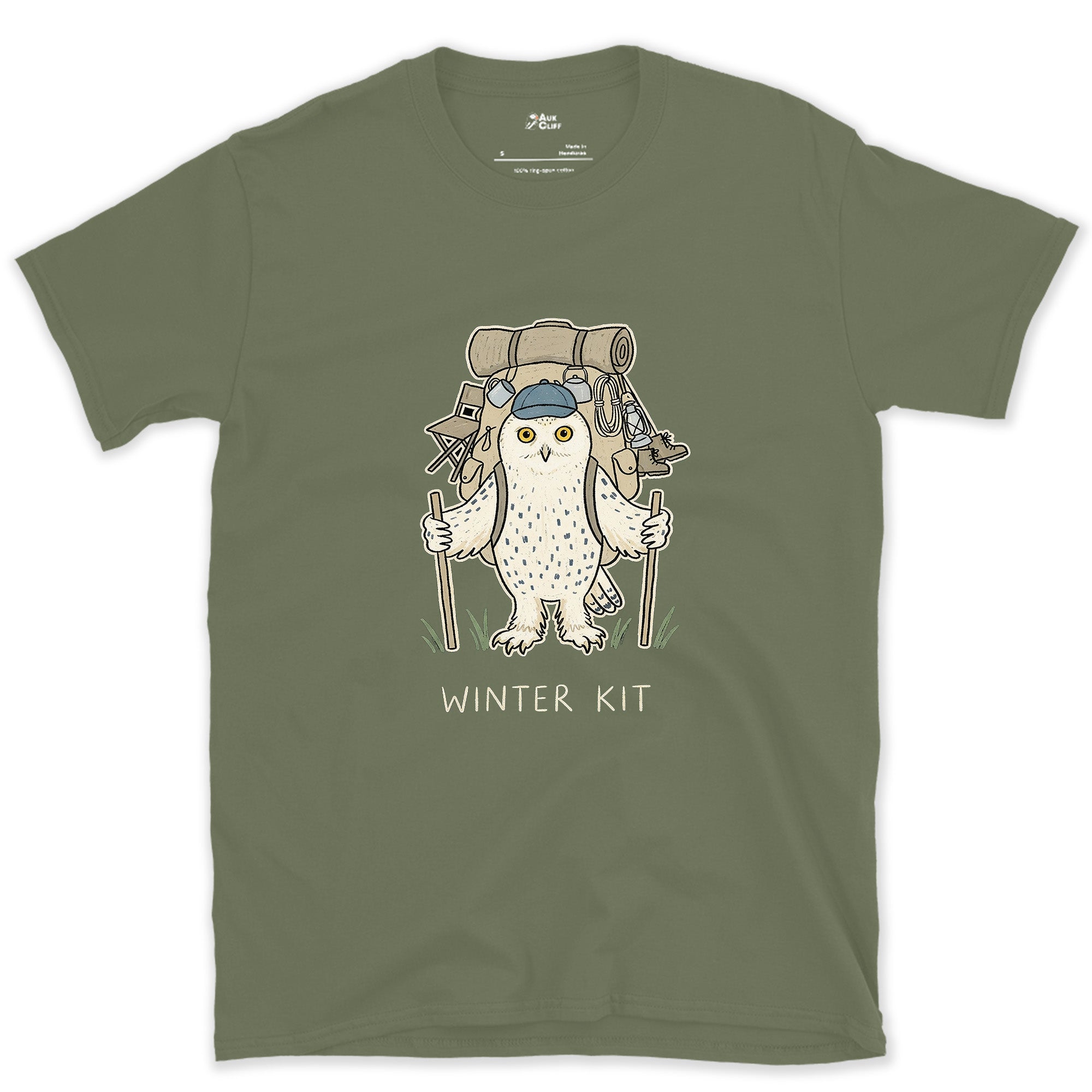 Winter Kit, Snowy Owl Hiker design on a Military Green Gildan Softstyle t-shirt