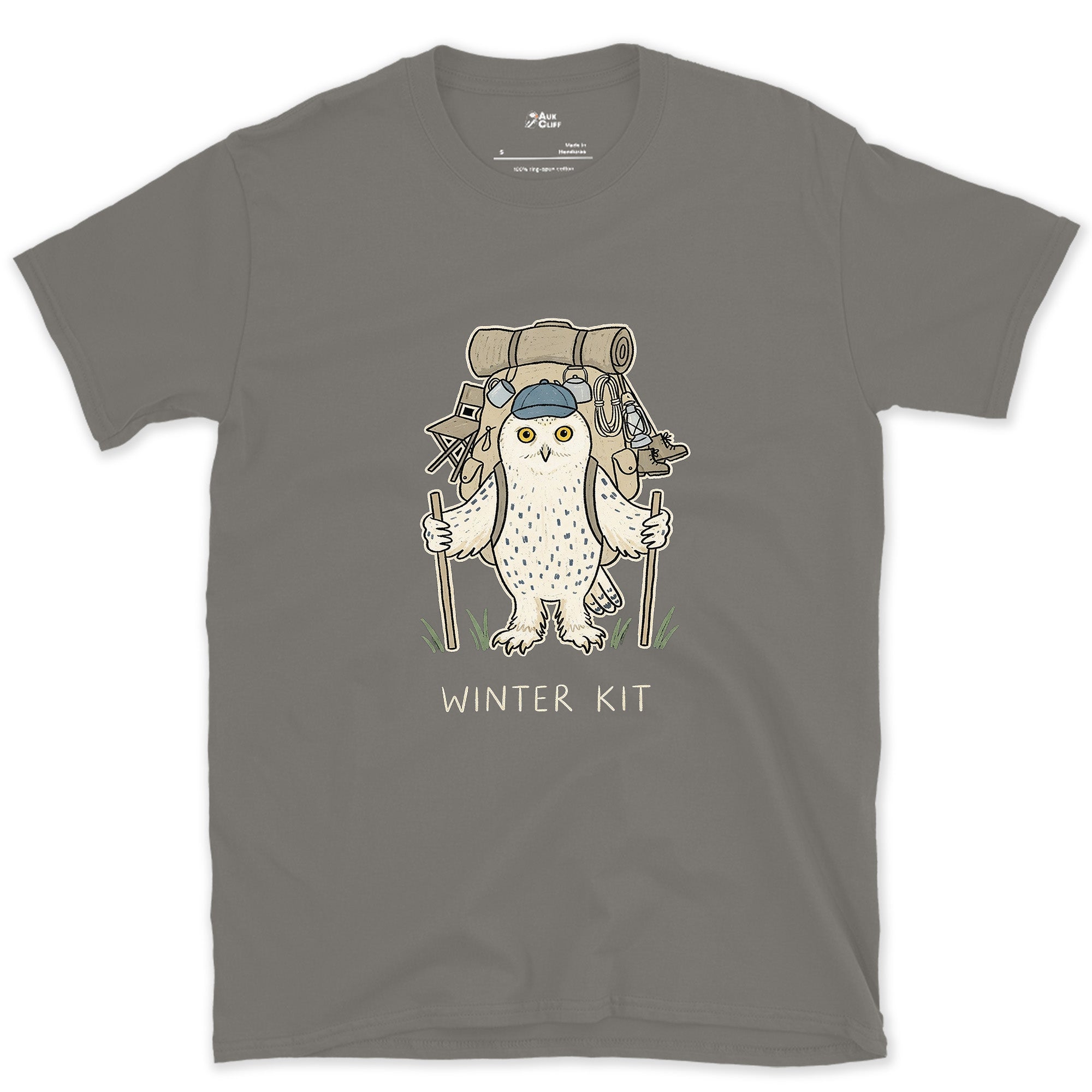 Winter Kit, Snowy Owl Hiker design on a Charcoal Gildan Softstyle t-shirt