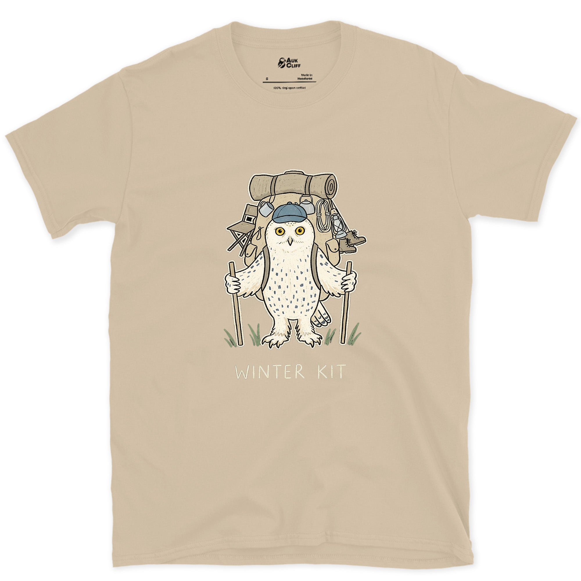 Winter Kit, Snowy Owl Hiker design on a Sand Gildan Softstyle t-shirt