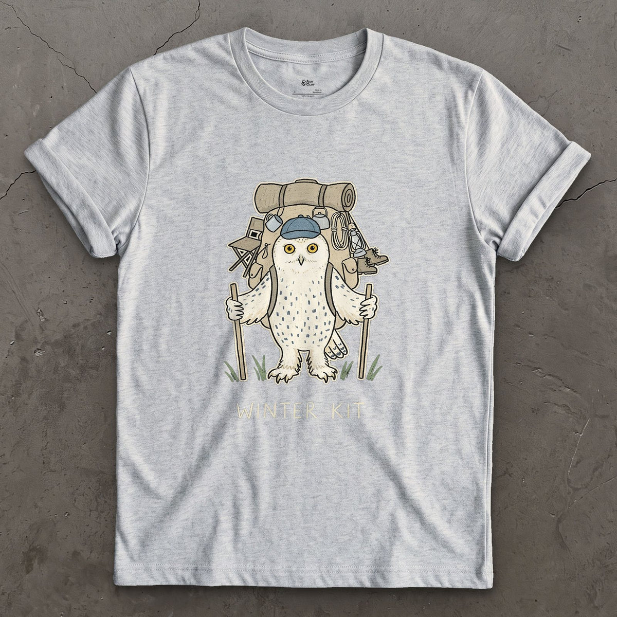 Winter Kit, Snowy Owl Hiker design on a Sport Grey Gildan Softstyle t-shirt