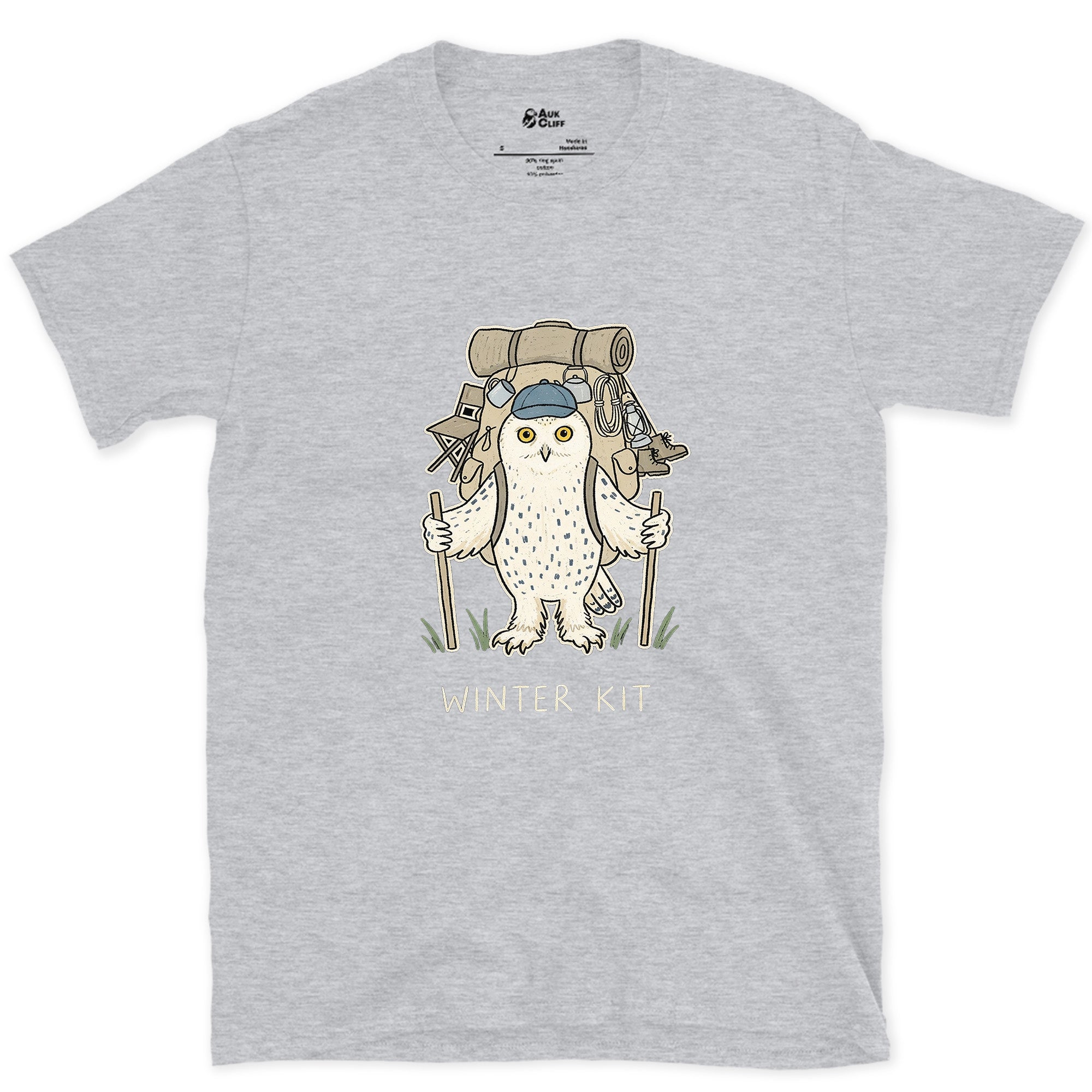 Winter Kit, Snowy Owl Hiker design on a Sport Grey Gildan Softstyle t-shirt
