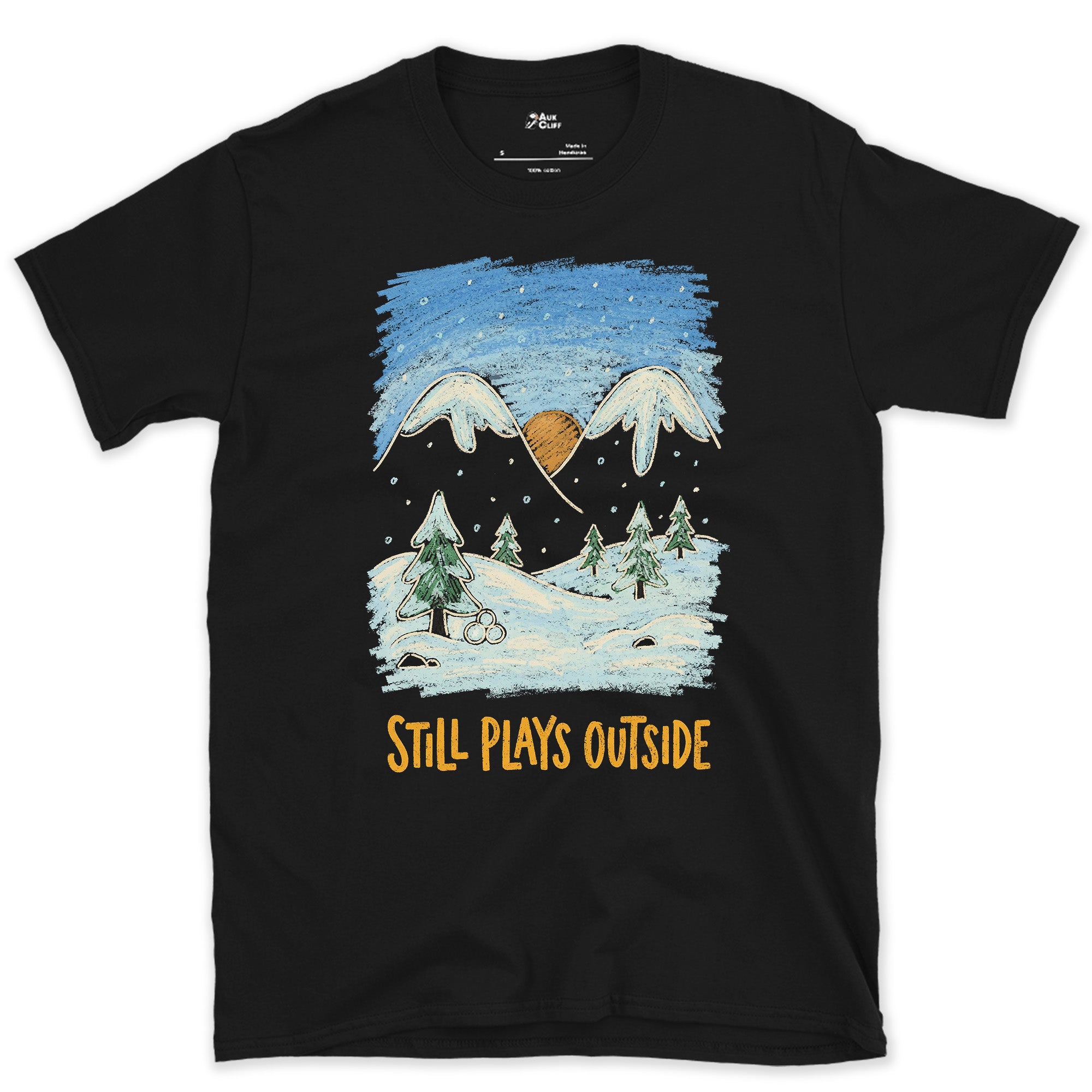 First Snow on the Mountains and Pines design on a Black Gildan Softstyle t-shirt