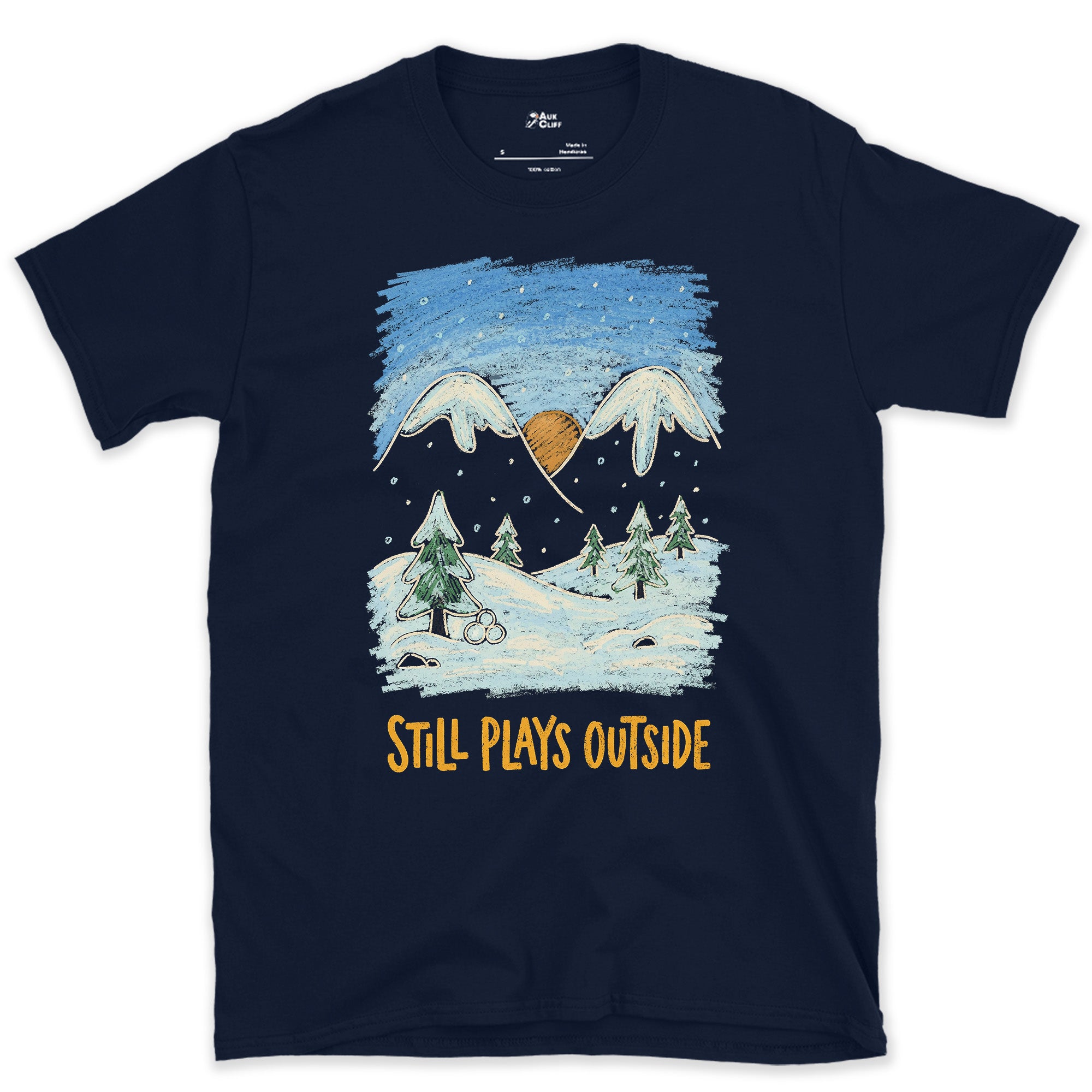 First Snow on the Mountains and Pines design on a Navy Gildan Softstyle t-shirt