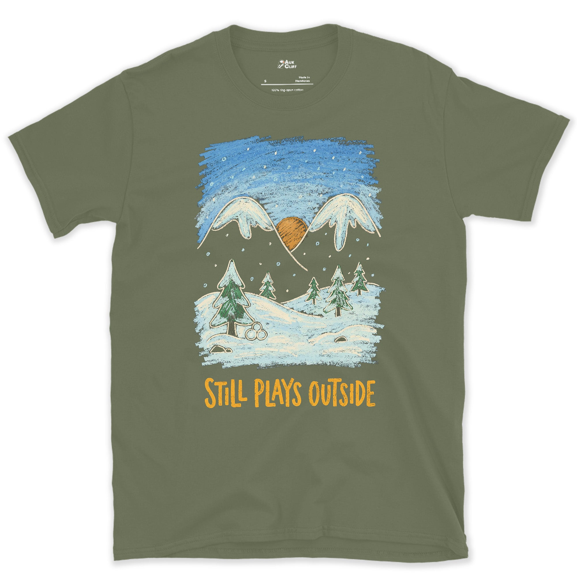 First Snow on the Mountains and Pines design on a Military Green Gildan Softstyle t-shirt