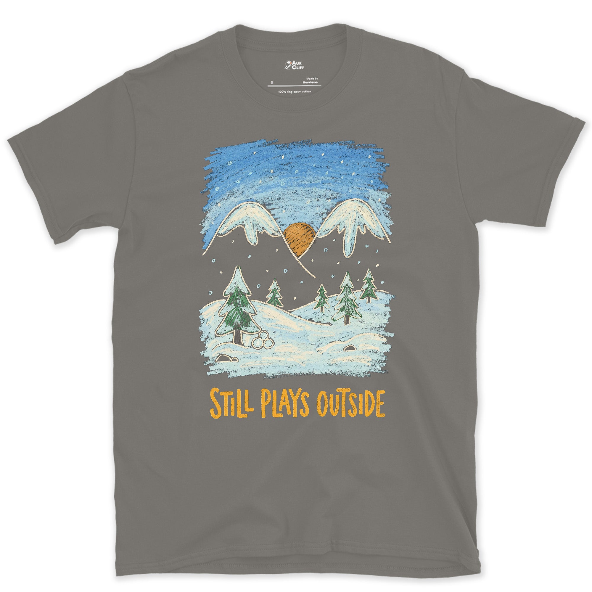 First Snow on the Mountains and Pines design on a Charcoal Gildan Softstyle t-shirt