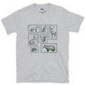 The Whole Woodland Framed Like Stamps design on a Sport Grey Gildan Softstyle t-shirt