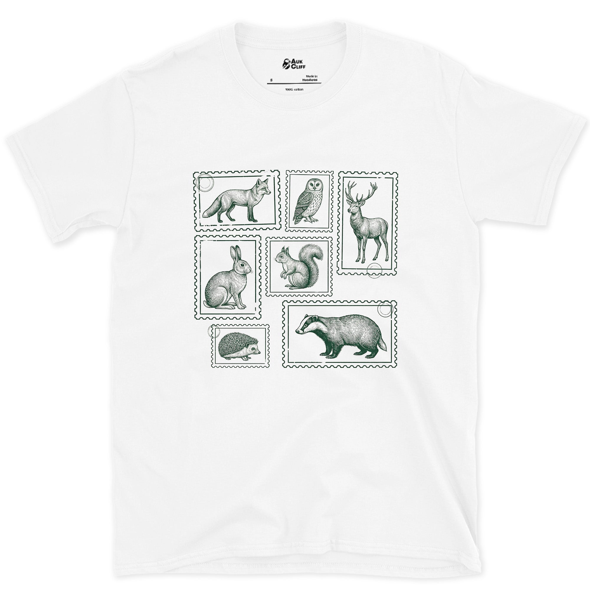 The Whole Woodland Framed Like Stamps design on a White Gildan Softstyle t-shirt