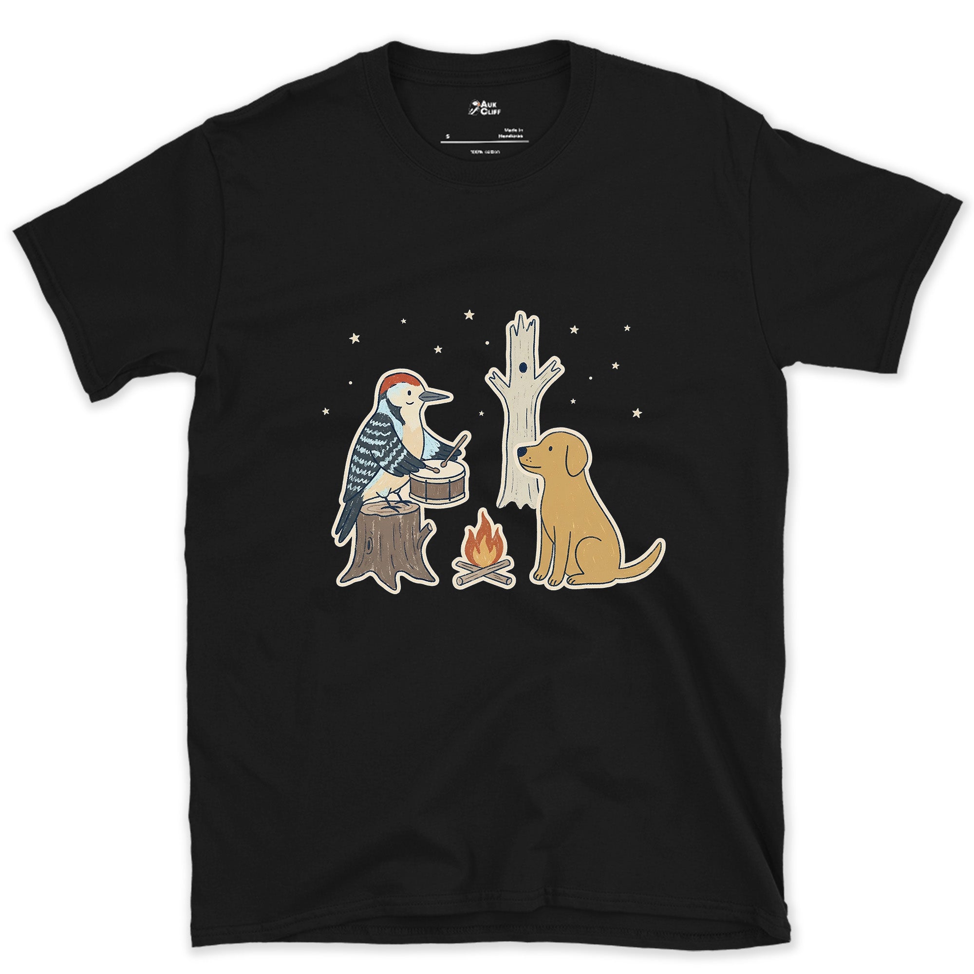 Already Knew the Rhythm, Woodpecker design on a Black Gildan Softstyle t-shirt