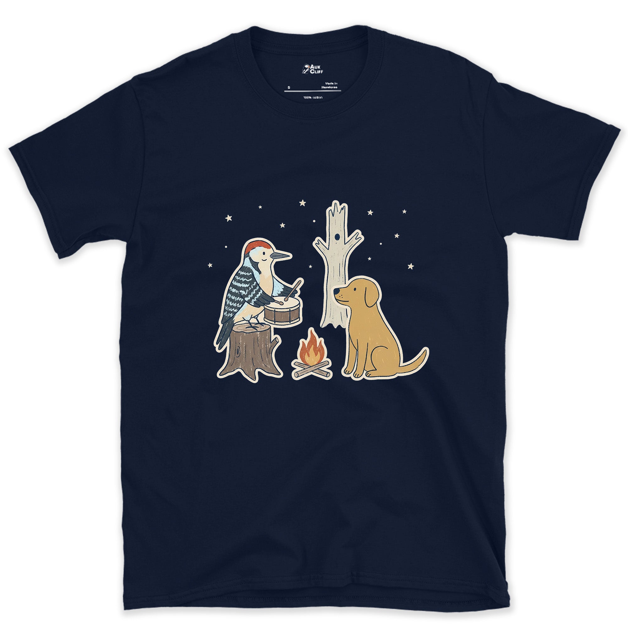 Already Knew the Rhythm, Woodpecker design on a Navy Gildan Softstyle t-shirt