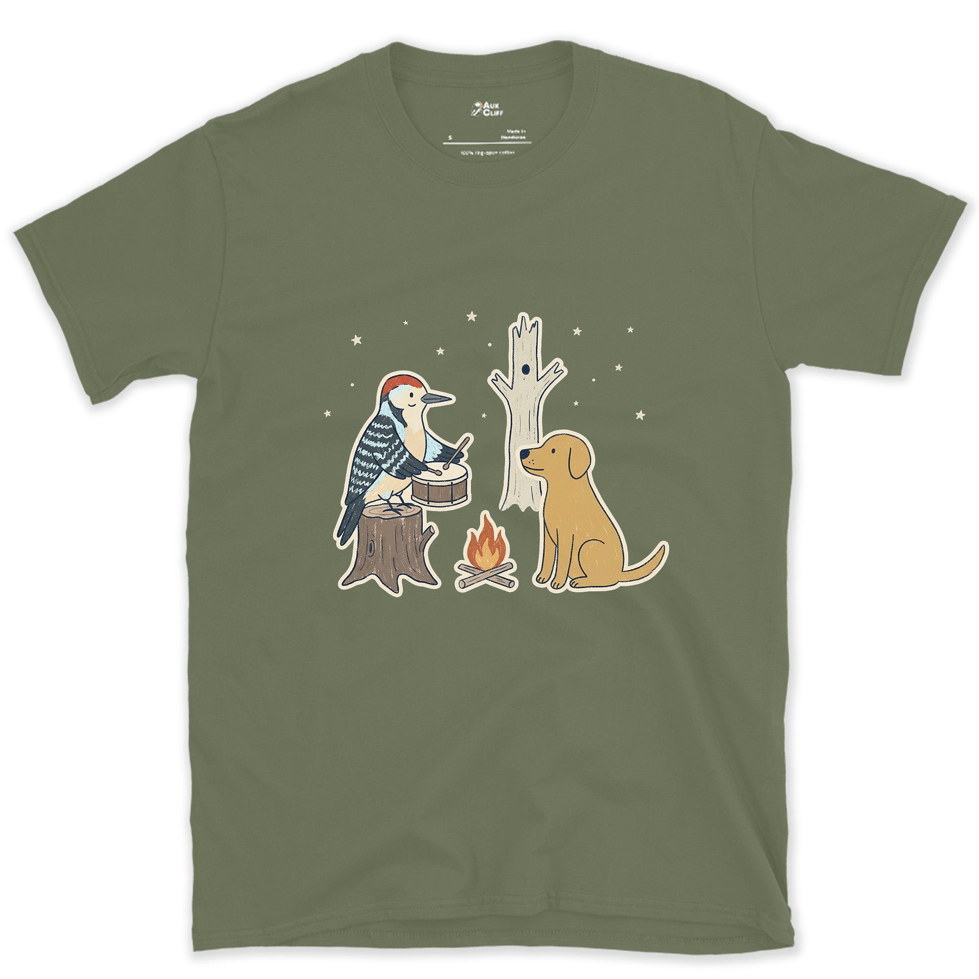 Already Knew the Rhythm, Woodpecker design on a Military Green Gildan Softstyle t-shirt