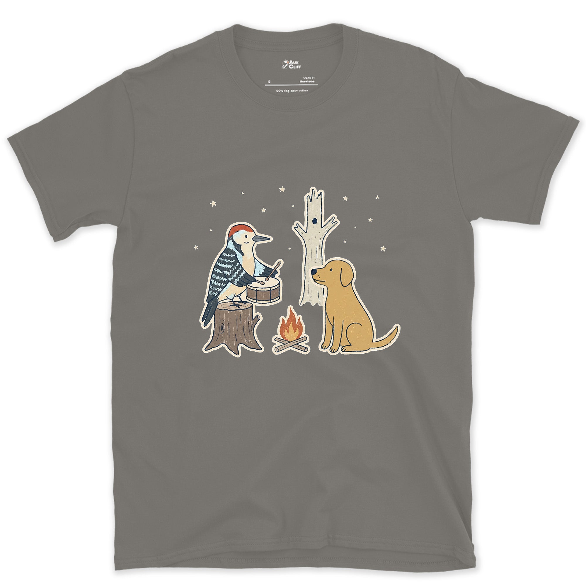 Already Knew the Rhythm, Woodpecker design on a Charcoal Gildan Softstyle t-shirt