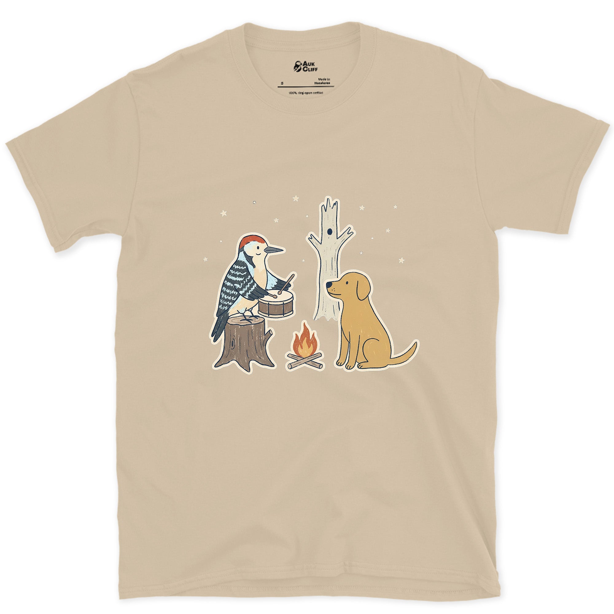Already Knew the Rhythm, Woodpecker design on a Sand Gildan Softstyle t-shirt