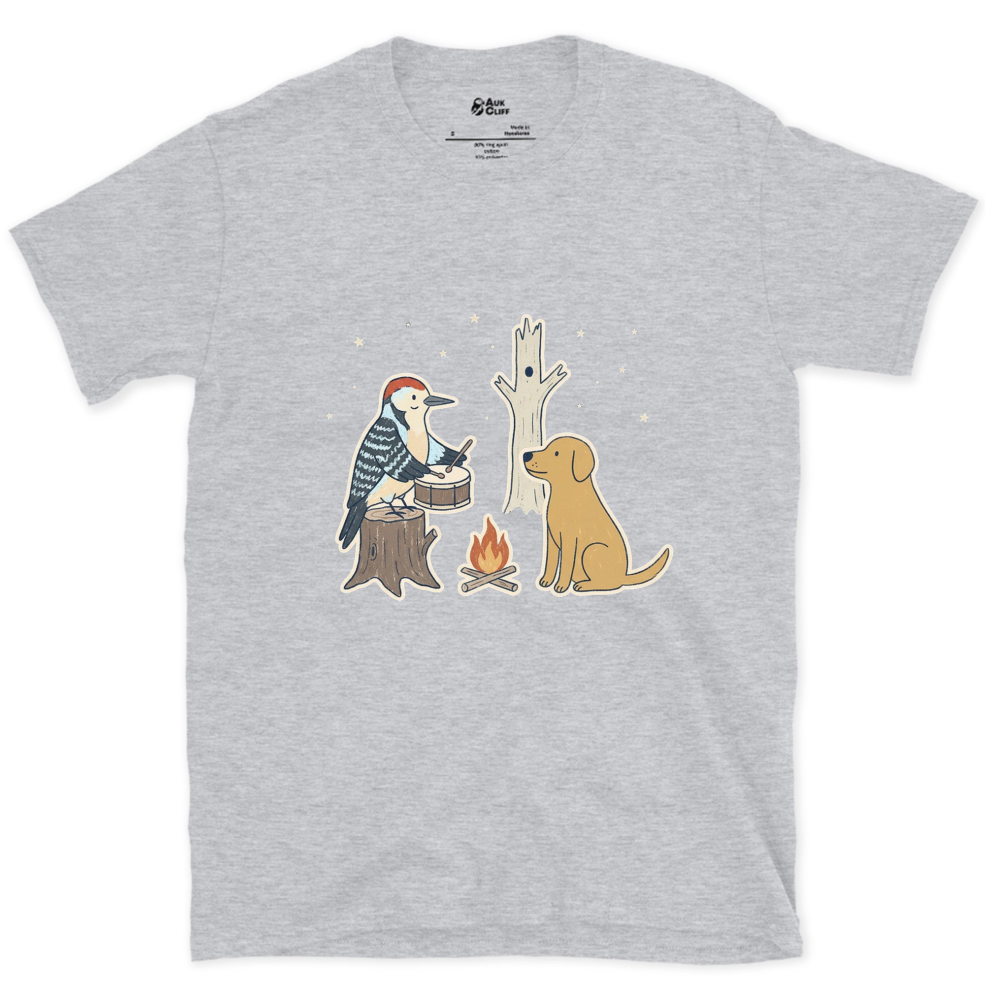Already Knew the Rhythm, Woodpecker design on a Sport Grey Gildan Softstyle t-shirt