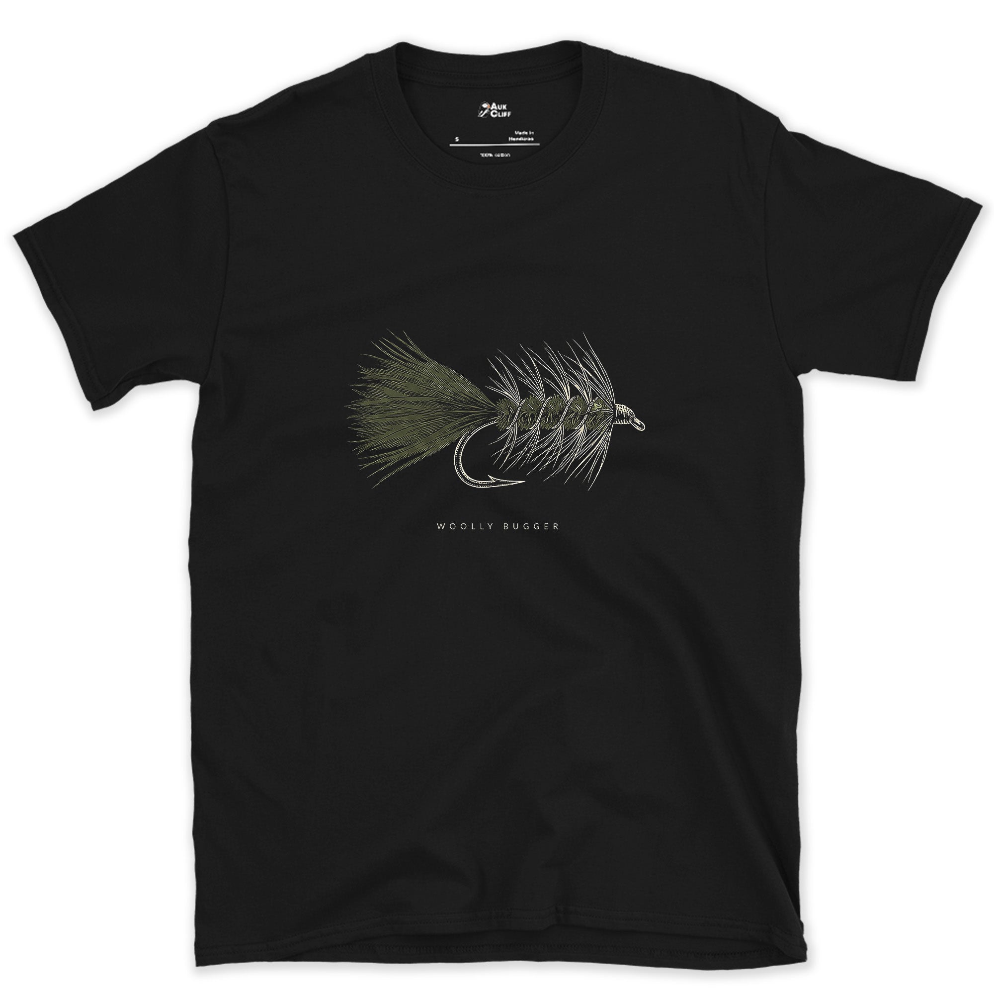 The One That Simply Works, Woolly Bugger design on a Black Gildan Softstyle t-shirt
