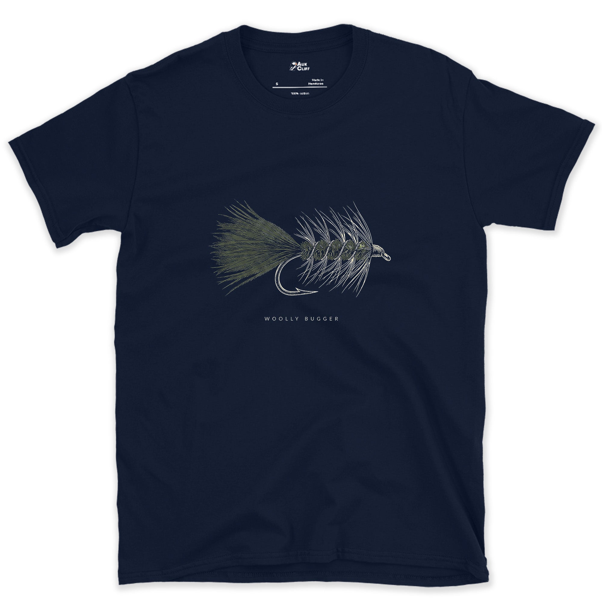 The One That Simply Works, Woolly Bugger design on a Navy Gildan Softstyle t-shirt