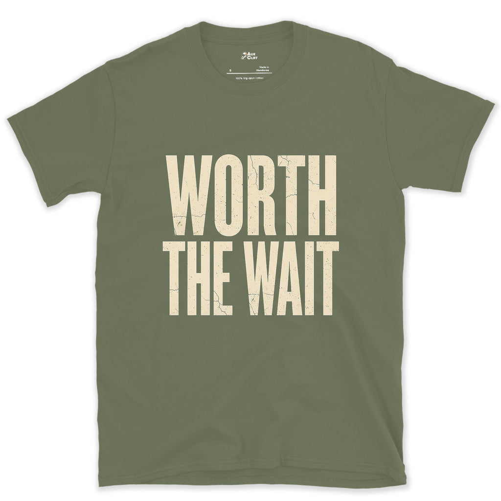 Worth the Wait for the Perfect Shot design on a Military Green Gildan Softstyle t-shirt