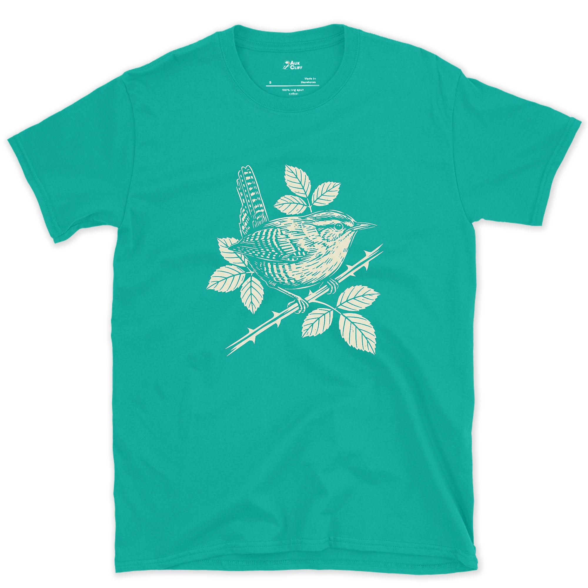More Weight Than Its Size Suggests, Wren on a Bramble design on a Jade Dome Gildan Softstyle t-shirt