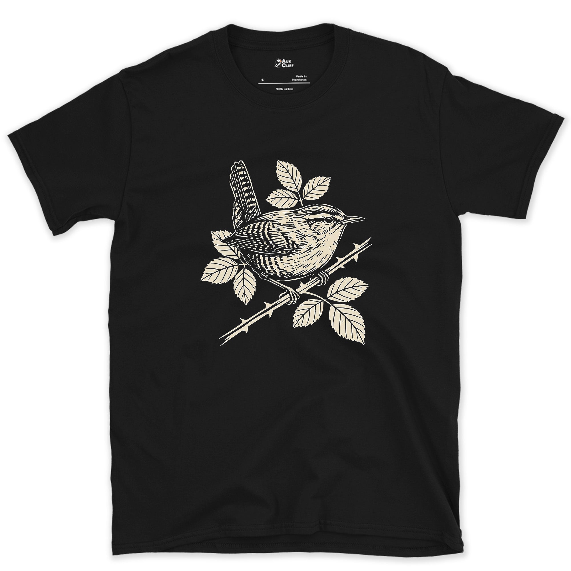 More Weight Than Its Size Suggests, Wren on a Bramble design on a Black Gildan Softstyle t-shirt