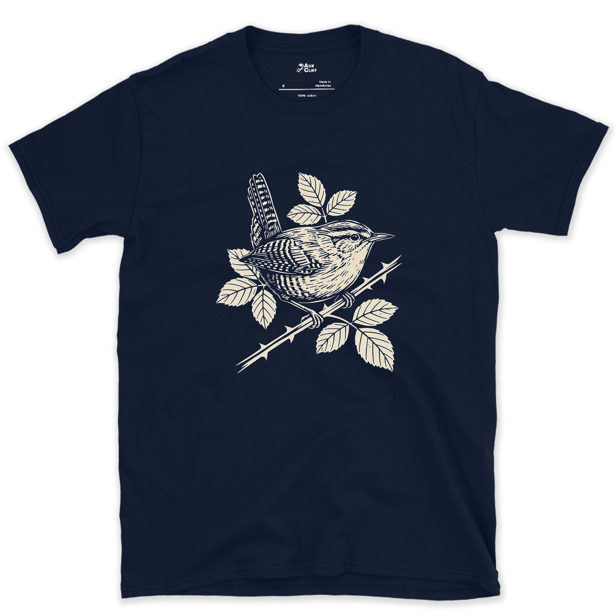 More Weight Than Its Size Suggests, Wren on a Bramble design on a Navy Gildan Softstyle t-shirt