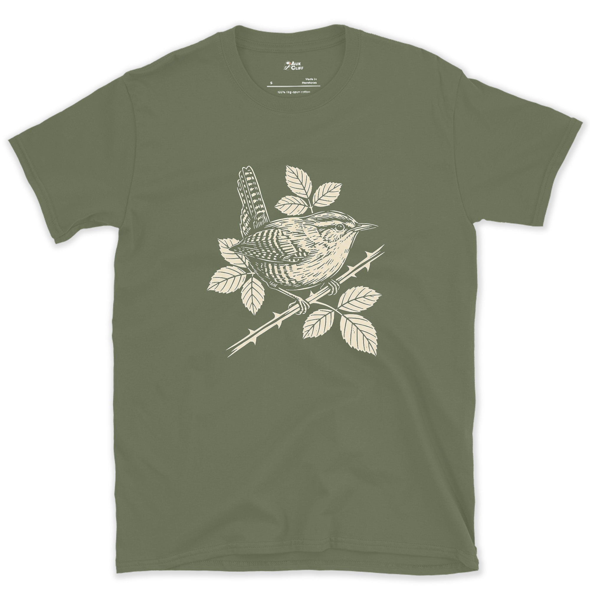 More Weight Than Its Size Suggests, Wren on a Bramble design on a Military Green Gildan Softstyle t-shirt