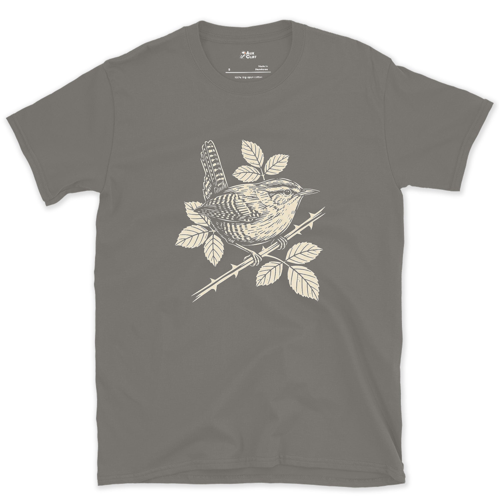 More Weight Than Its Size Suggests, Wren on a Bramble design on a Charcoal Gildan Softstyle t-shirt