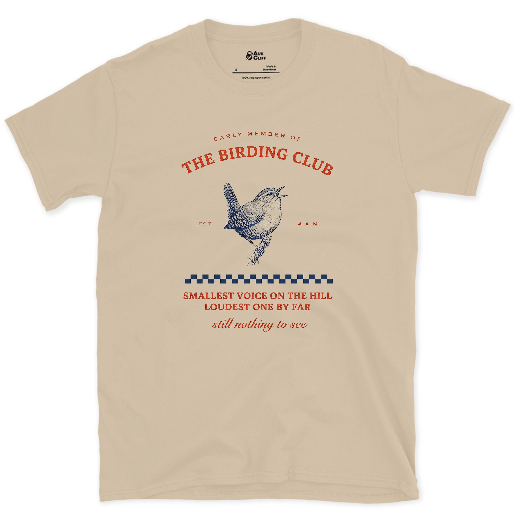 Smallest Voice on the Hill, Wren Badge design on a Sand Gildan Softstyle t-shirt