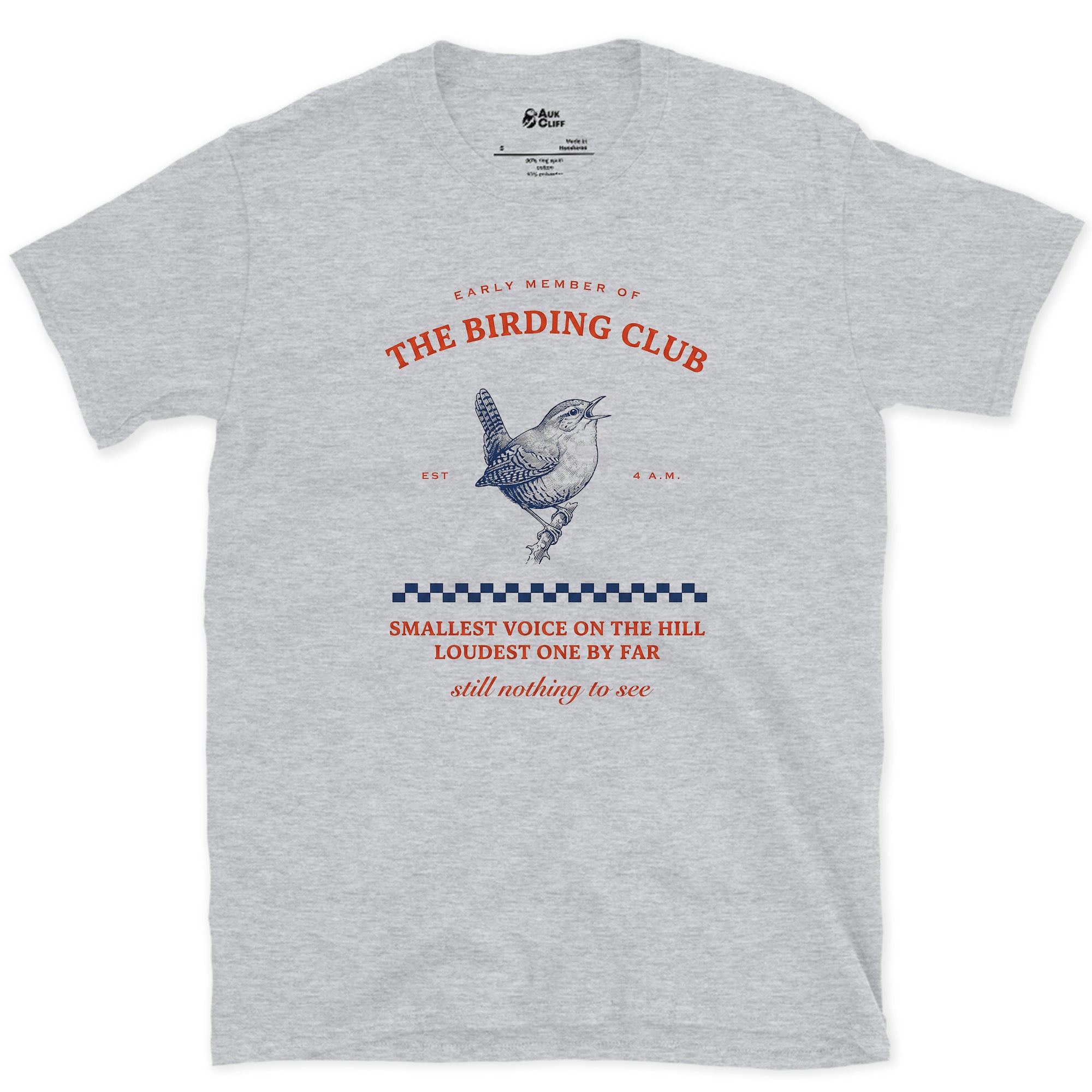 Smallest Voice on the Hill, Wren Badge design on a Sport Grey Gildan Softstyle t-shirt
