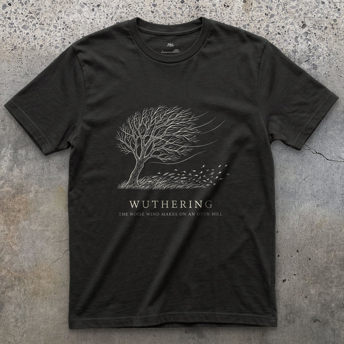 Wuthering, the Noise Wind Makes on an Open Hill design on a Black Gildan Softstyle t-shirt