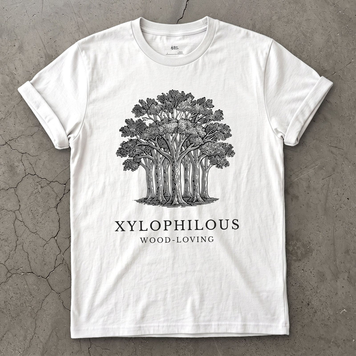 Xylophilous design on a White Gildan Softstyle t-shirt