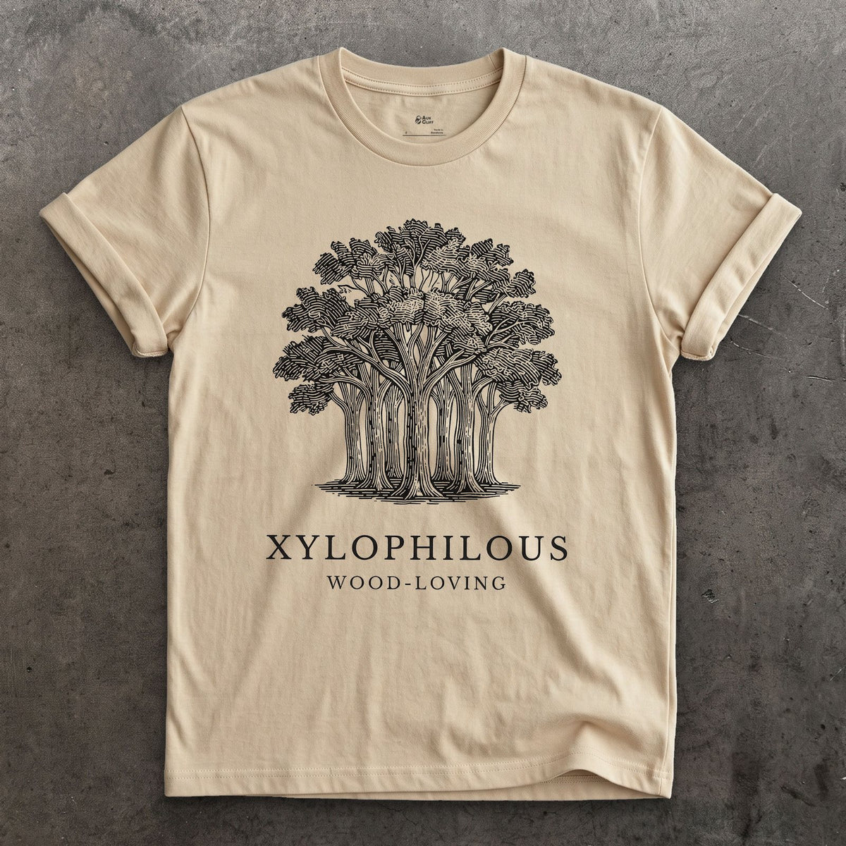 Xylophilous design on a Sand Gildan Softstyle t-shirt