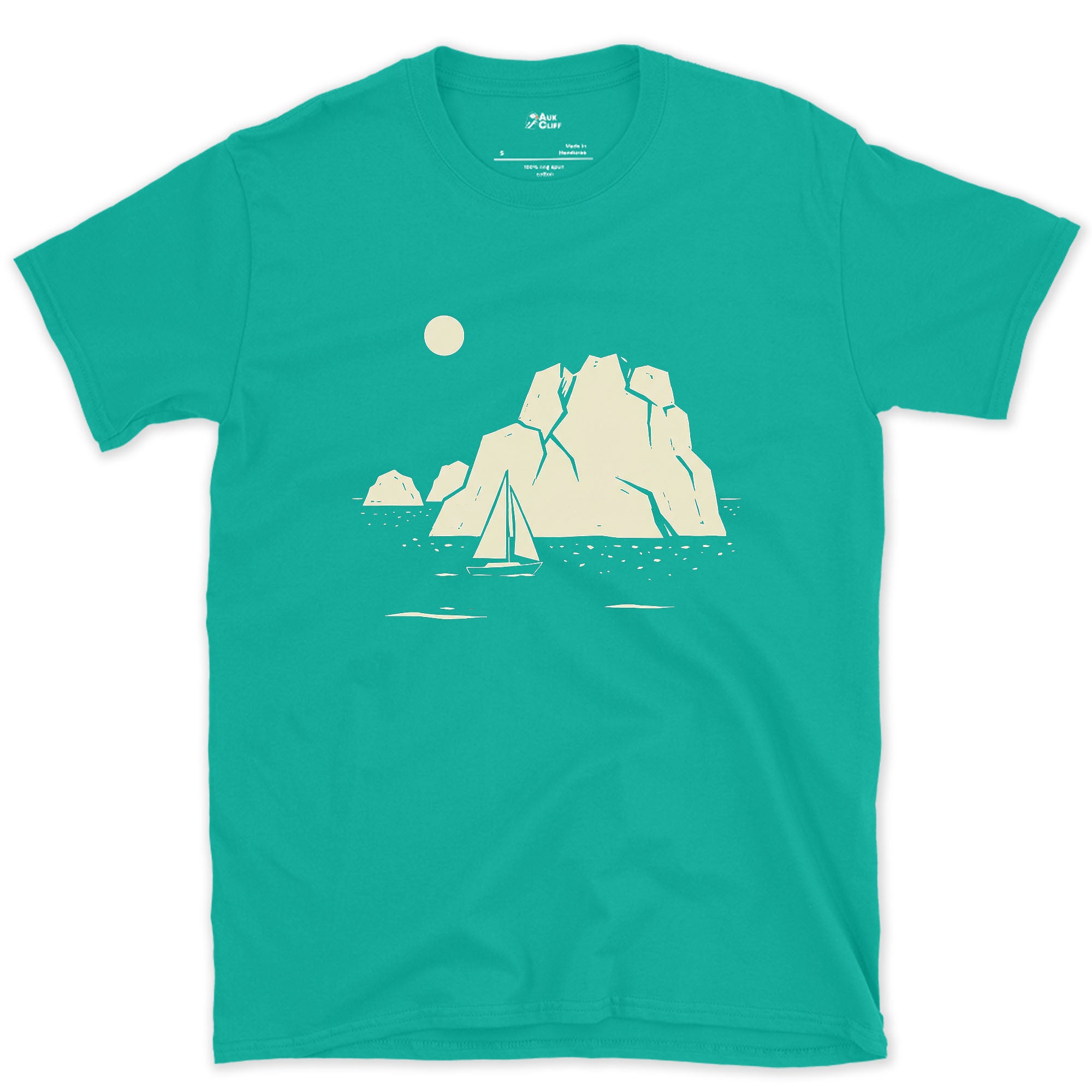 Full Moon, Small Sail Past a Glacier Iceberg design on a Jade Dome Gildan Softstyle t-shirt