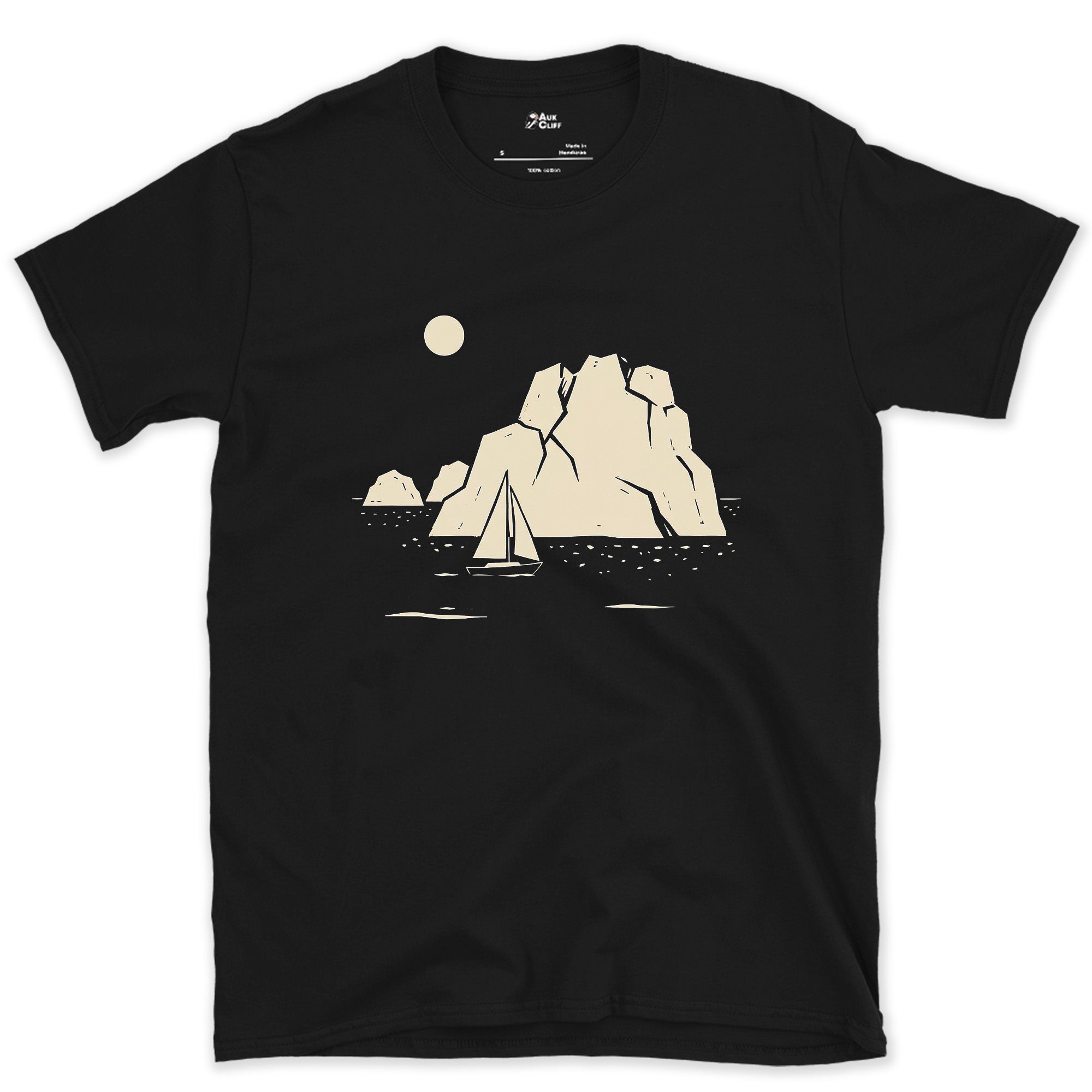 Full Moon, Small Sail Past a Glacier Iceberg design on a Black Gildan Softstyle t-shirt