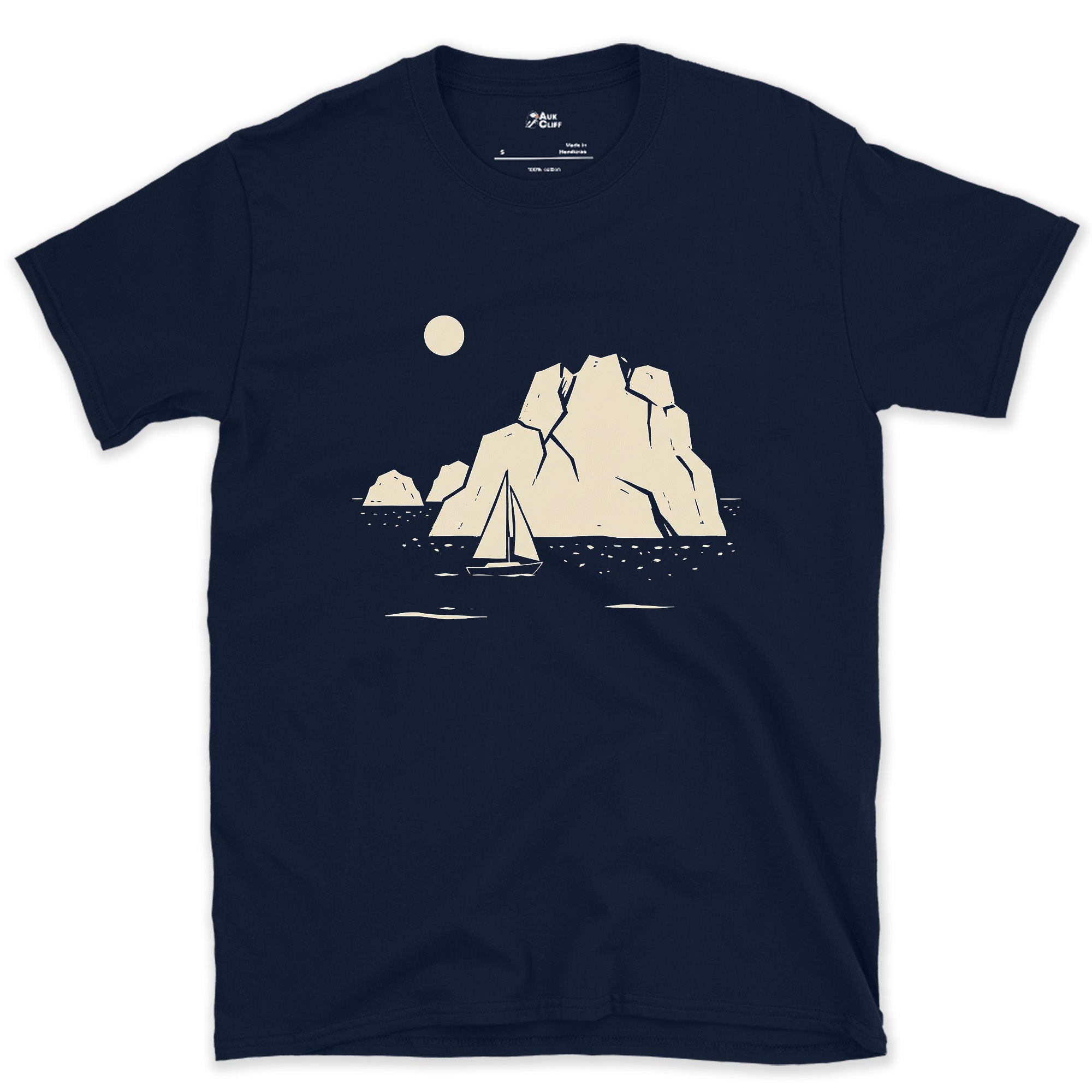 Full Moon, Small Sail Past a Glacier Iceberg design on a Navy Gildan Softstyle t-shirt