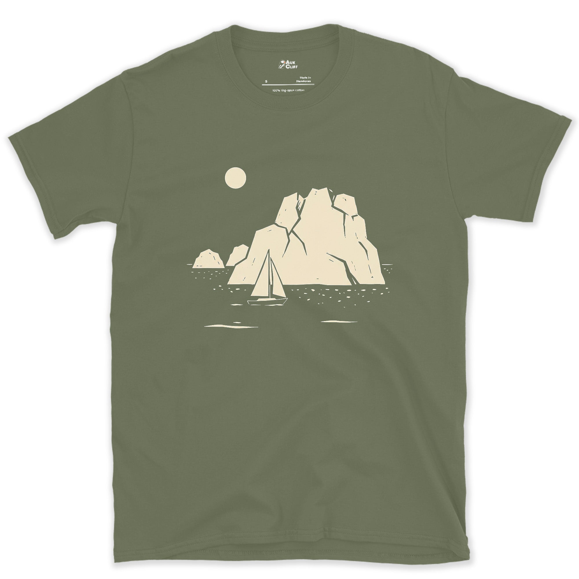 Full Moon, Small Sail Past a Glacier Iceberg design on a Military Green Gildan Softstyle t-shirt