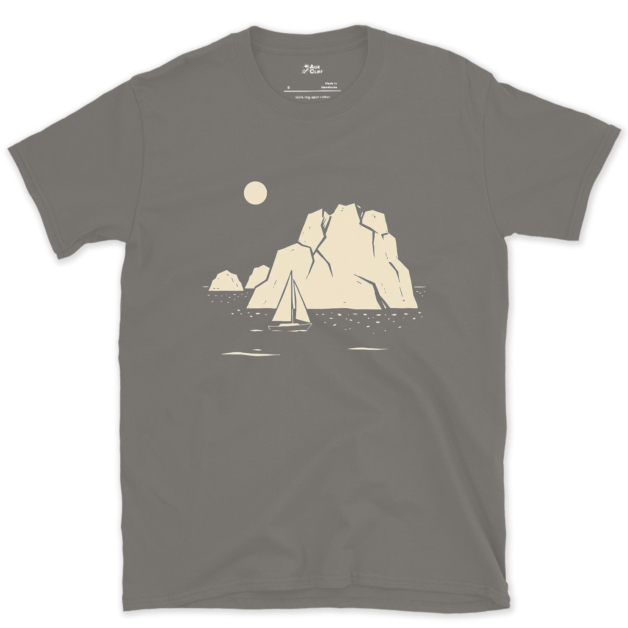 Full Moon, Small Sail Past a Glacier Iceberg design on a Charcoal Gildan Softstyle t-shirt