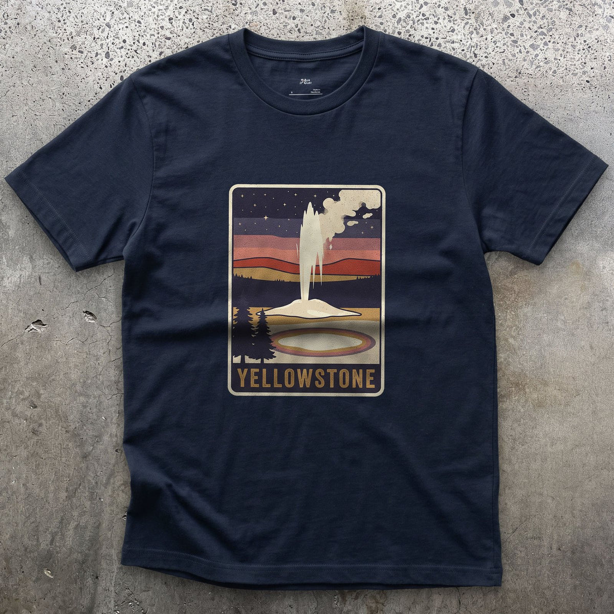 Yellowstone National Park Badge design on a Navy Gildan Softstyle t-shirt
