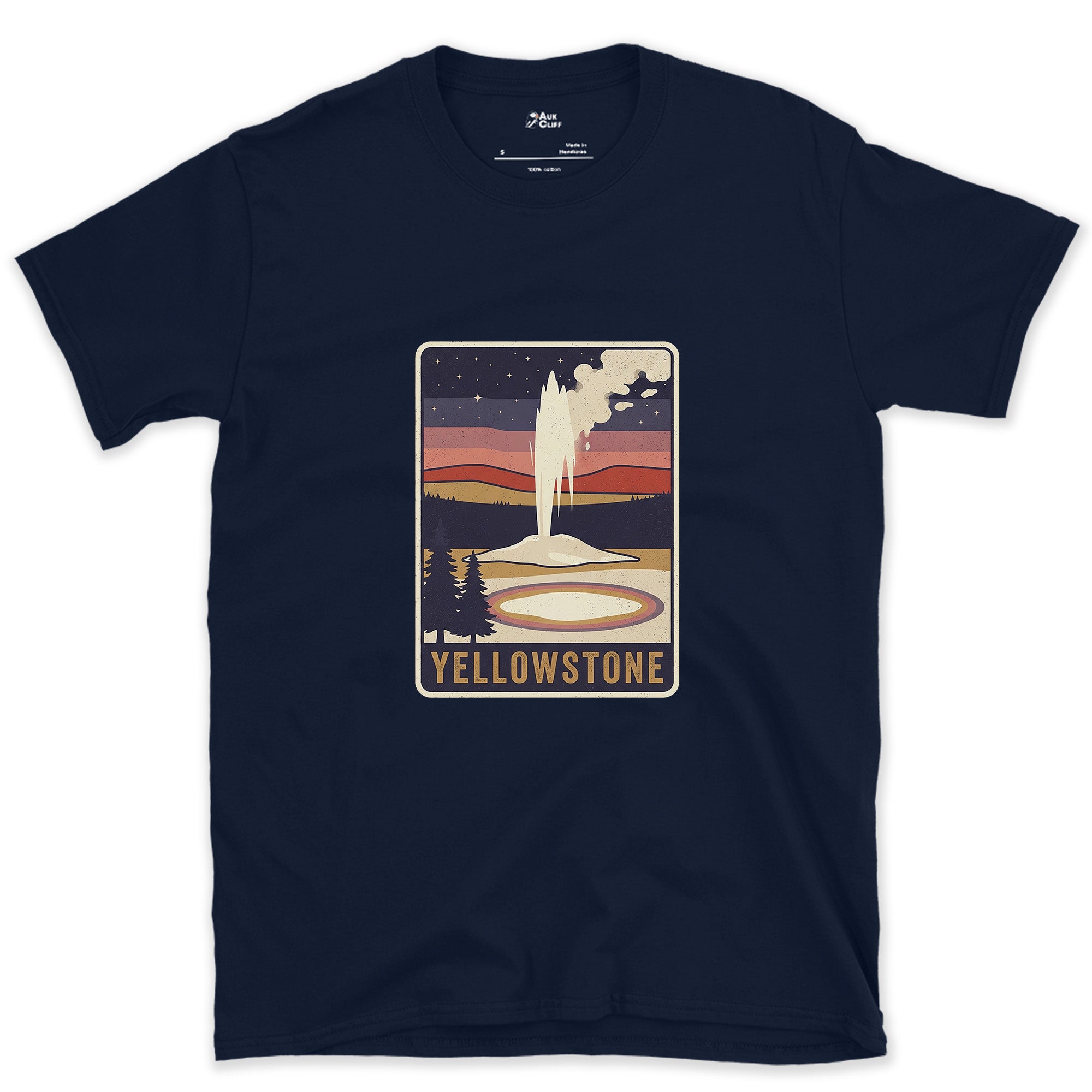 Yellowstone National Park Badge design on a Navy Gildan Softstyle t-shirt