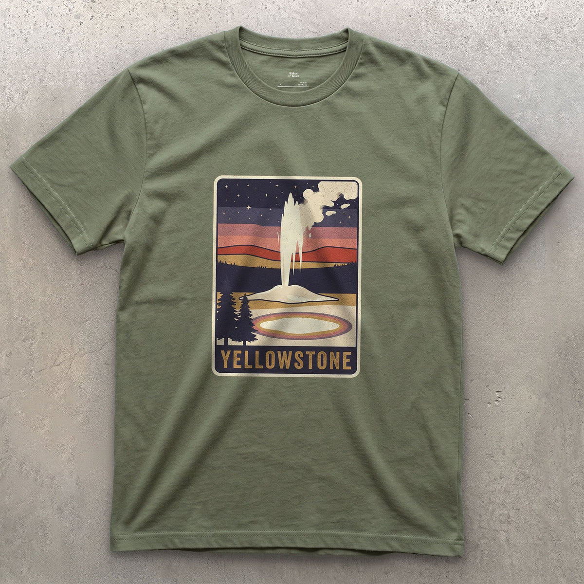 Yellowstone National Park Badge design on a Military Green Gildan Softstyle t-shirt