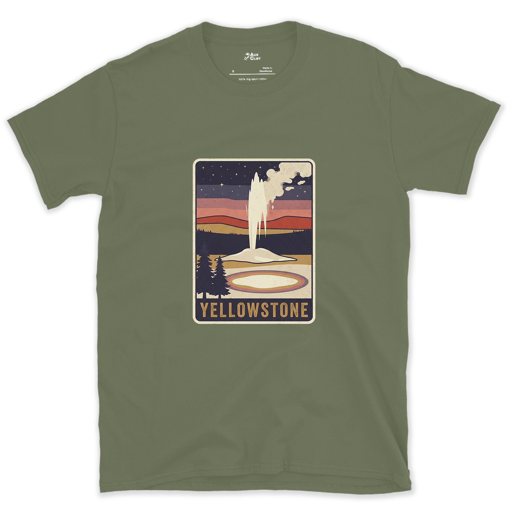 Yellowstone National Park Badge design on a Military Green Gildan Softstyle t-shirt