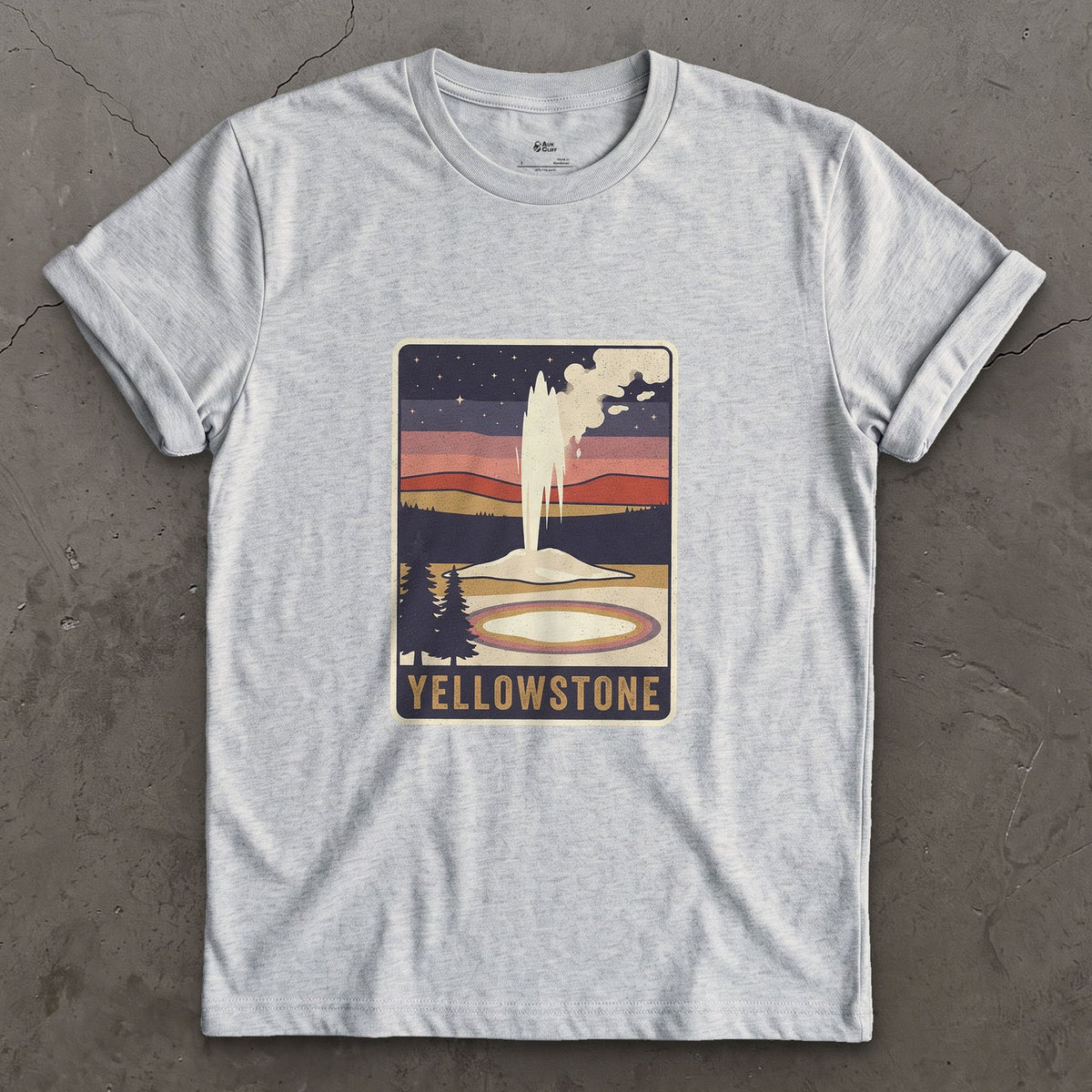 Yellowstone National Park Badge design on a Sport Grey Gildan Softstyle t-shirt